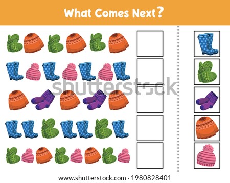 What comes next with winter outfits. Educational game for children. Complete the sequence. Activity page for kids. Vector illustration.