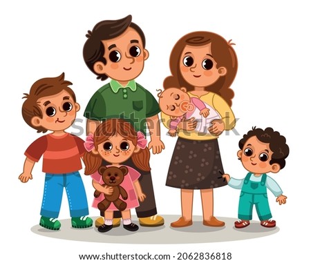 Cute cartoon family of six with mum dad and for kids. Vector illustration.