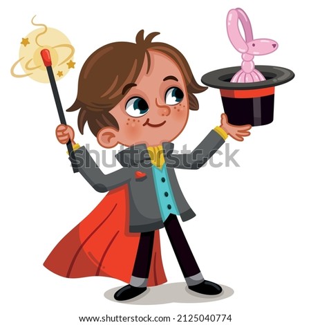 Magician boy pulling out a balloon rabbit from his hat using his wand.