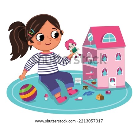 The little girl is playing with her dollhouse. Vector illustration. Сток-фото © 