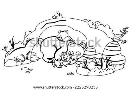 Black and white vector illustration of bear family hibernating in their cave. 