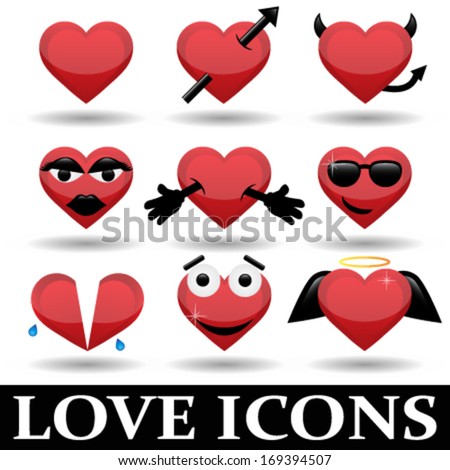 collection of red love heart icons with emotions