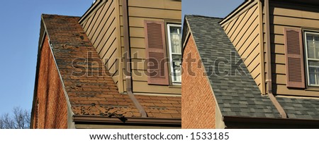 Side by side comparison of before and after roofing job