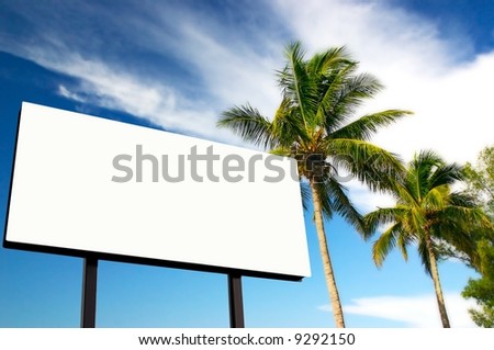 Tropical palm trees and a billboard in the late afternoon sun. The golden hour. Advertise your holiday specials!