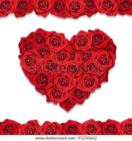 Red roses in the shape of the heart. Postcard with white background.