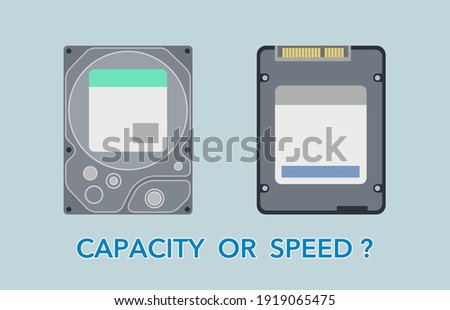 Hard disk drive and solid state drive hardware vector illustration. hdd vs ssd comparing between hardware, capacity or speed.