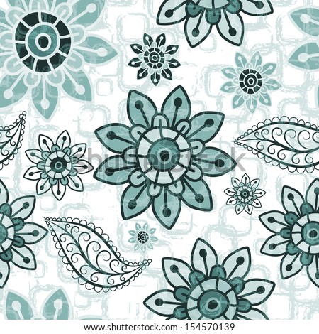 Gray floral seamless transparent grunge pattern with vintage flowers