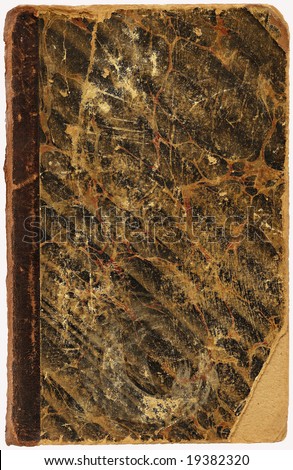 Cover of the old thick book with the shabby edges and the torn off corner