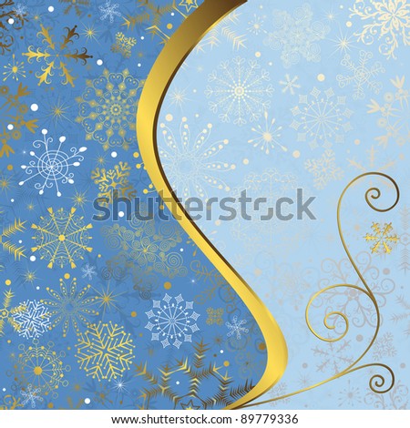 Christmas blue frame with gold wave line and snowflakes