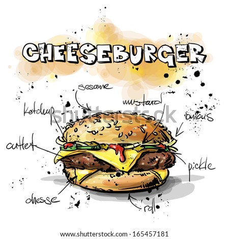 Tasty burger. Sketch + watercolor style. Vector collection.