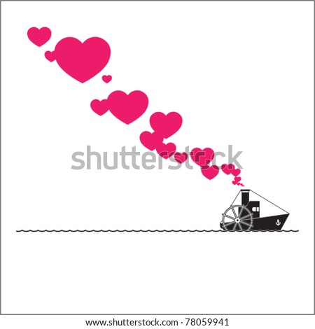 Abstract vector illustration with steamship and hearts. Place for your text.