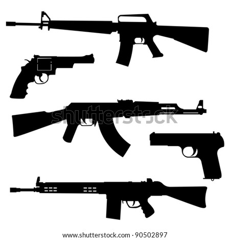 Silhouettes Of Pistols And Submachine Gun On A White Background Stock ...