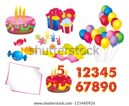 celebration set: a cake with candles, gift boxes, balloons, candy, stars, ribbons, paper, figures for dates