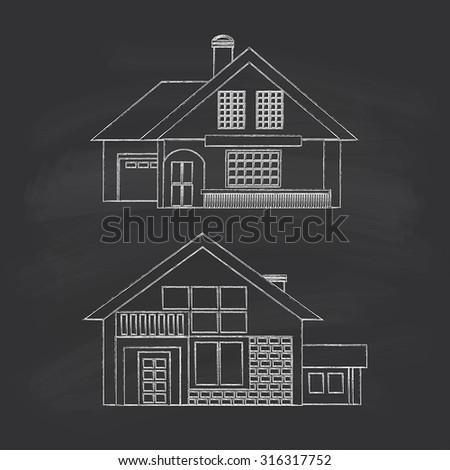 Silhouette Drawing Summer Houses. Chalk On A Blackboard. Stock Vector