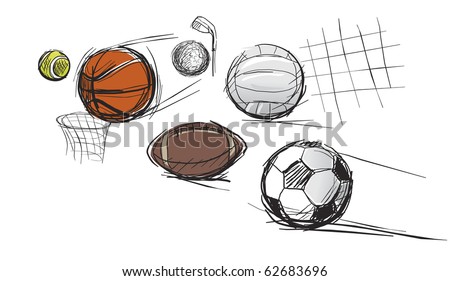 Balls for different kinds of sports: tennis-ball, basketball, football, volleyball, a ball for a golf and for Rugby football