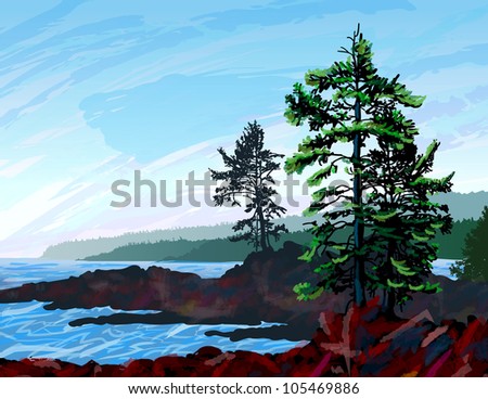 Beautifull digital painting depicting a scene from the rugged west coast of Vancouver Island BC.