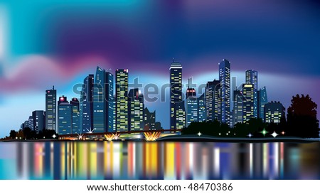 city at night reflecting over calm waters, with dramatic sky in the background