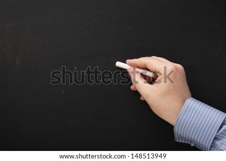 Hand of a businessman wearing a formal shirt about to write on a used blackboard with room for your text.