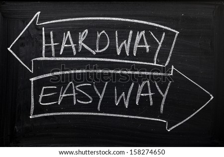 The Hard Way or the Easy Way written on a blackboard with directional arrows. The choice between using Best Practice and efficiency or continuing to do it the wrong way.