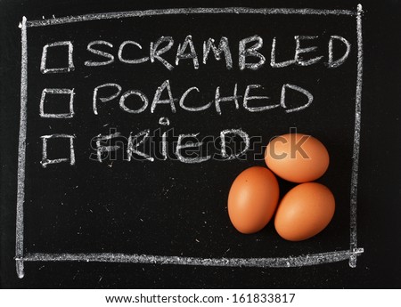 Three brown chicken eggs on a blackboard next to tick boxes for your favourite means of cooking such as scrambled, poached or fried.