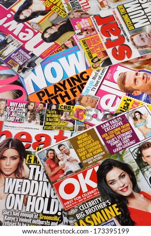 Bracknell, United Kingdom - January 27, 2014: A selection of celebrity news, gossip and entertainment magazines on sale in the United Kingdom on January 27th, 2014