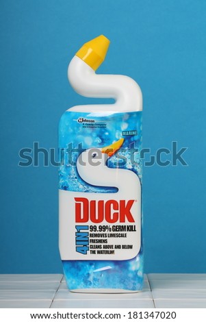 Bracknell, England - March 12, 2014: A product shot of Toilet Duck Liquid Cleaner for home hygiene in the bathroom on March 12th, 2014. Duck products are made by SC Johnson, a company founded in 1886