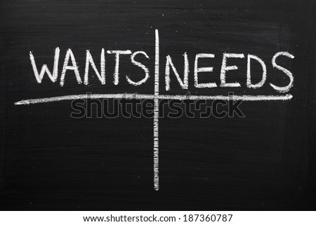 Wants and Needs comparison table on a blackboard. We assess the wants versus needs of our customers to help sell products or in order to make changes in our personal lives.