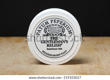 London, England - Sept 23rd, 2014: A pot of Patum Peperium, The Gentleman\'s Relish. Invented by Englishman John Osborn in 1828 the paste is mainly anchovy and butter with added herbs and spices
