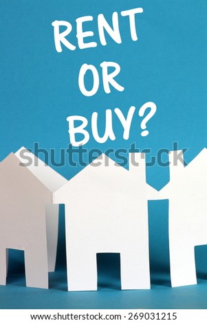 The phrase Rent or Buy in white text above a paper chain of houses made from white card on a blue background