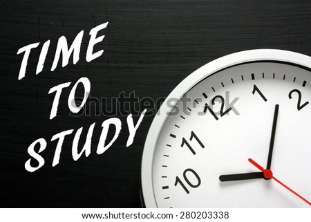 The phrase Time To Study in white text on a blackboard next to a modern clock