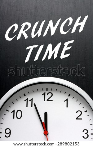 The phrase Crunch Time in white text on a blackboard above a clock with the hands pointing at midnight or twelve