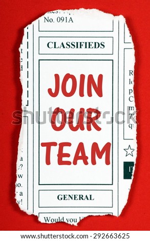 Invitation to Join Our Team in red text on a newspaper clipping from the classified advertising section
