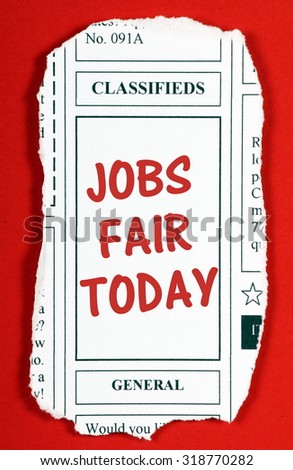 Newspaper clipping from the classified advertising section with the phrase Jobs Fair Today in red text