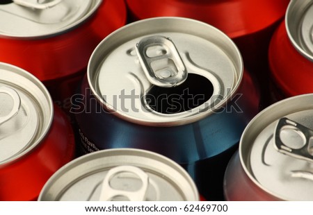 Close up of empty soft drink or soda cans used and ready for waste disposal and recycling