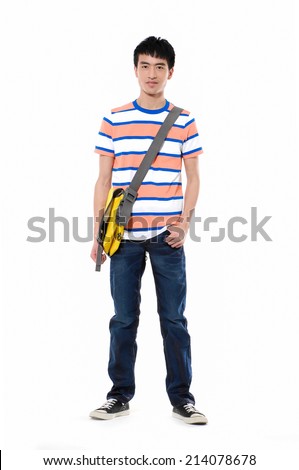 Full body Asian adult student in casual wear with school bag standing isolated. Asian male model.