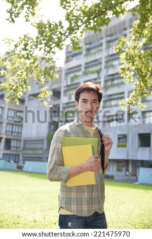 Asian university student walking on outside campus