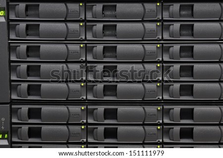 Stacks of hard disk drives for network storage.