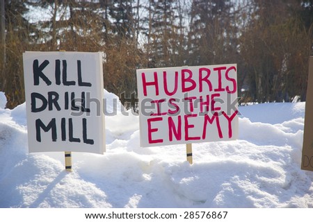 April 15, 2009 - Fairbanks, Alaska Tea Party Protest. Protest signs stuck in the snow.