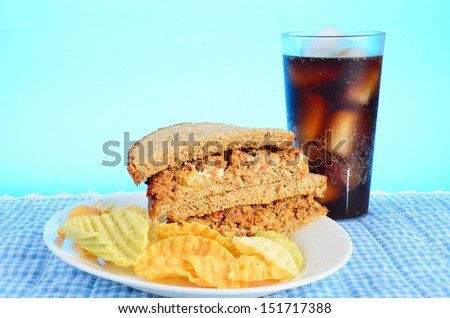 Meatloaf Sandwich on Honey Wheat Bread with veggie chips and ice cold soft drink.