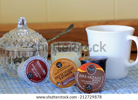 LLANO, TEXAS - AUGUST 24, 2014: The convenience and quality of the coffee has made K-cups, originated by the Keurig Company, increasingly more popular throughout homes and offices of coffee drinkers.