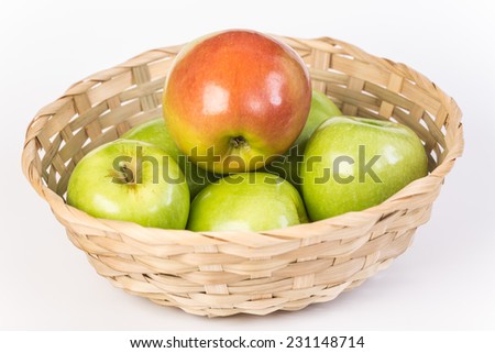 Conceptual -- being different; which one is different.  Basket of green apples with one red Fuji Apple.