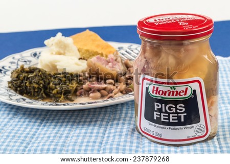 LLANO, TEXAS-DEC 15, 2014:  Hormel Pickled Pigs Feet have been a soul food staple for many years.  Popular for New Years Tradition of eating Pork products for good luck.