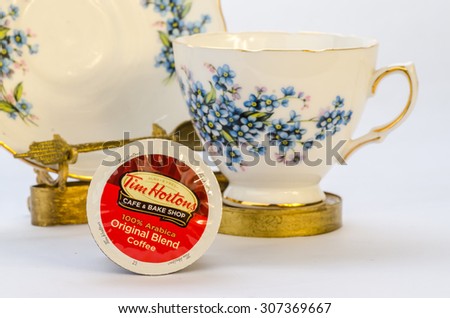 LLANO, TX-AUG 16, 2015: Tim Horton\'s excellent coffee is available in K-cups for Keurig Coffee Makers.  Seen here in elegant setting with copy space.