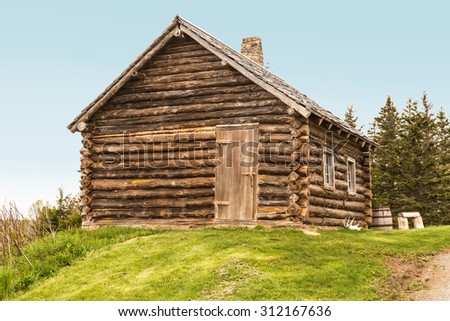 Historic Gaelic Scottish Immigrant Log Cabin in Highland Village Living History Museum in Cape Breton Island Nova Scotia.