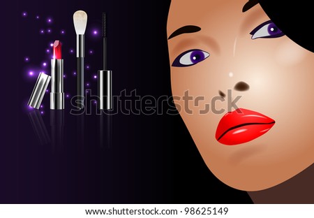 raster beauty concept with beautiful girl face and make up kit, vector version available