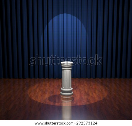 Render of white marble pedestal standing on wood stage with blue curtains.