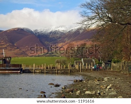 Lake shore at Derwent Water in the Lake District of Cumbria, UK showing landing stages, Crow Park and Skiddaw in the background