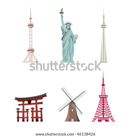 World Famous Landmarks include Oriental Pearl Tower of Shanghai, Statue of Liberty of New York, CN Tower of Toronto,Tokyo Tower of Tokyo, Tori represents Japan and Windmill represents the Netherlands.
