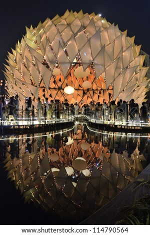 HONG KONG, CHINA - OCT 1: Traditional Chinese lanterns with height over 10 meters light up with reflection on water in Victoria Park to celebrate the mid-autumn festival on 1st October, 2012