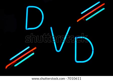 Illuminated DVD neon sign on black background